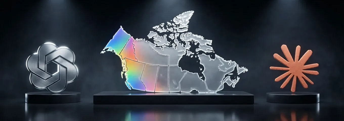 A glass map of Canada with its western provinces lit in rainbow colours, between the OpenAI and Claude marks