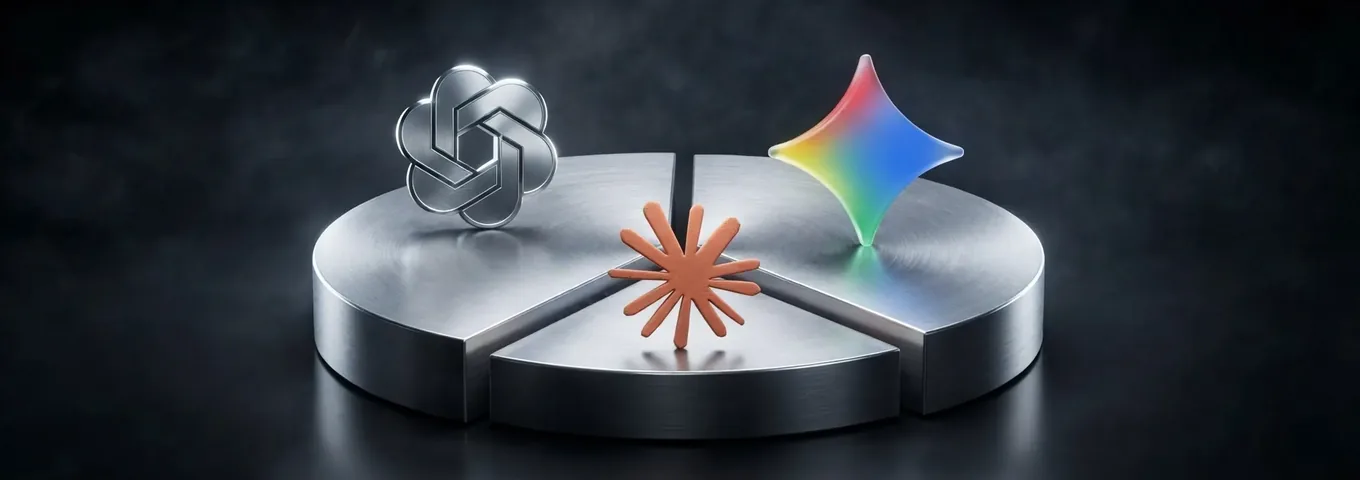 A steel pie chart with the OpenAI, Claude and Gemini logos standing on slices of different sizes