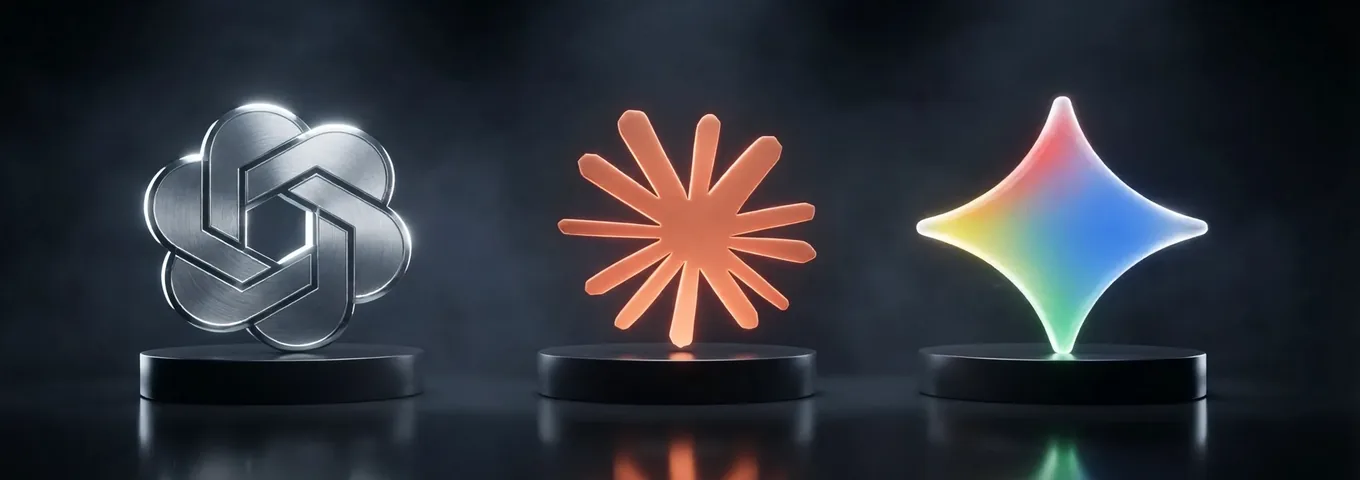 A row of black plinths each holding a chrome lamp, most glowing warm terracotta and one dark, beside a silver OpenAI knot and a terracotta Claude starburst.