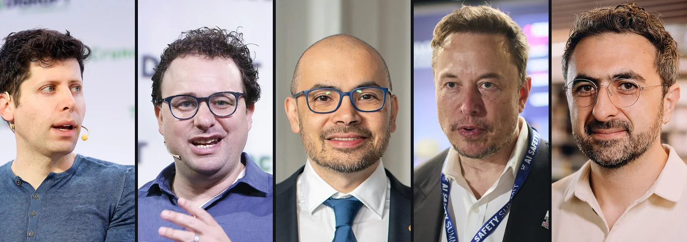 Five portrait strips side by side, left to right Sam Altman, Dario Amodei, Demis Hassabis, Elon Musk and Mustafa Suleyman, each cropped from a photo of them at a conference or public event.