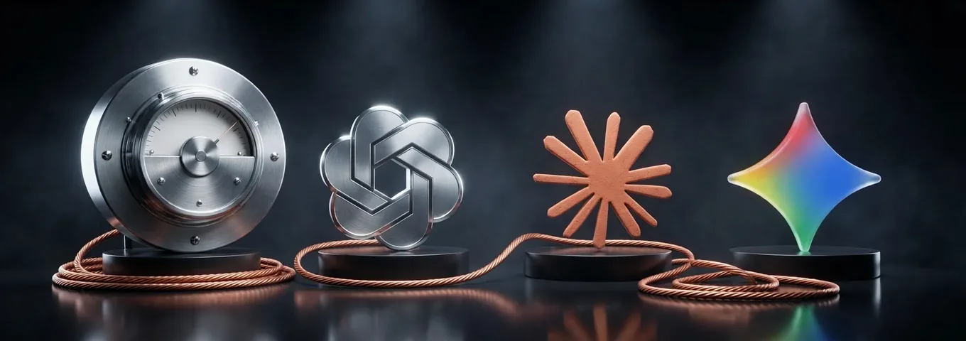 A steel power meter wired by a copper cable to the OpenAI, Claude and Gemini logos on black plinths