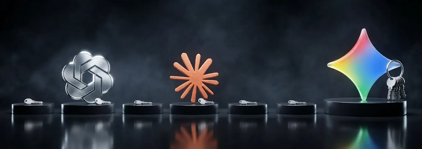 Seven black plinths in a dark studio. Six each hold one small silver key, two of them beside a silver OpenAI knot and a terracotta Claude starburst, and the largest holds a rainbow glass Gemini star with a ring of keys.