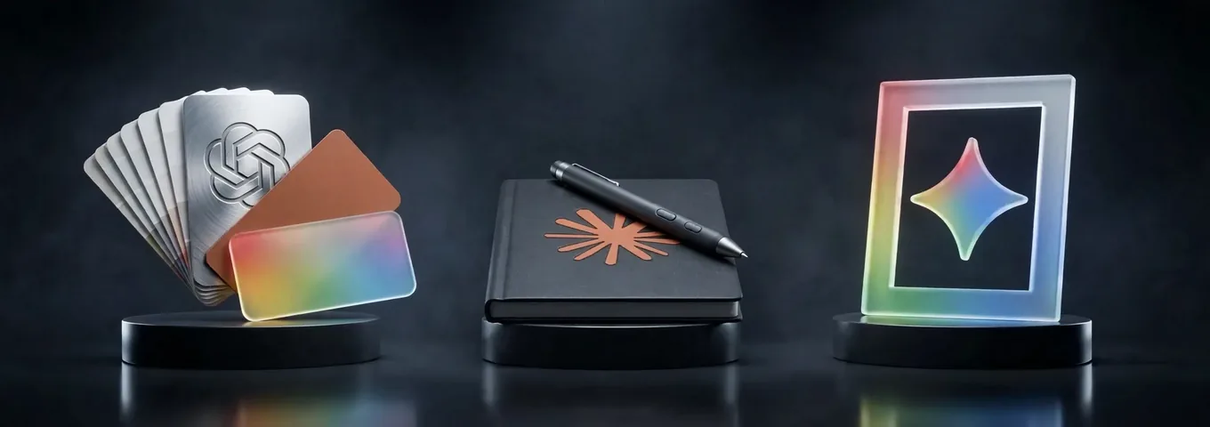 Three black plinths: a fan of silver, terracotta and rainbow glass swatch cards with the OpenAI knot, a sketchbook with the Claude starburst and a pen tablet stylus, and a rainbow glass frame around the Gemini star
