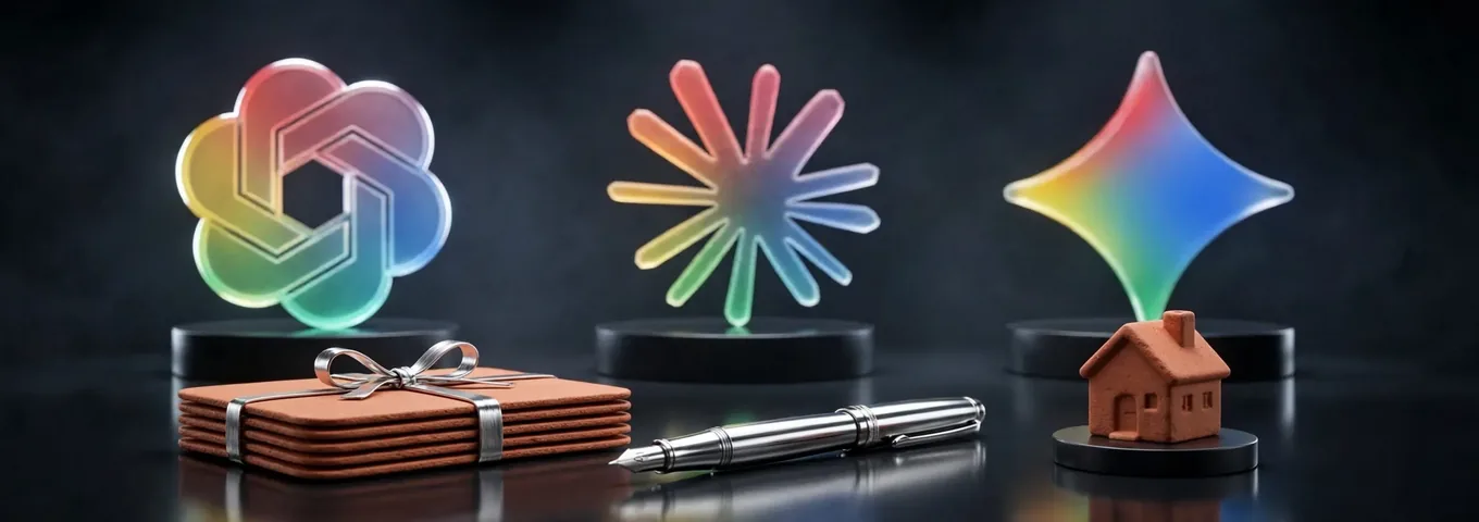 A stack of terracotta letter cards tied with a chrome ribbon, a chrome fountain pen and a small terracotta house on a charcoal floor, with rainbow glass OpenAI, Claude and Gemini marks on black plinths behind them.