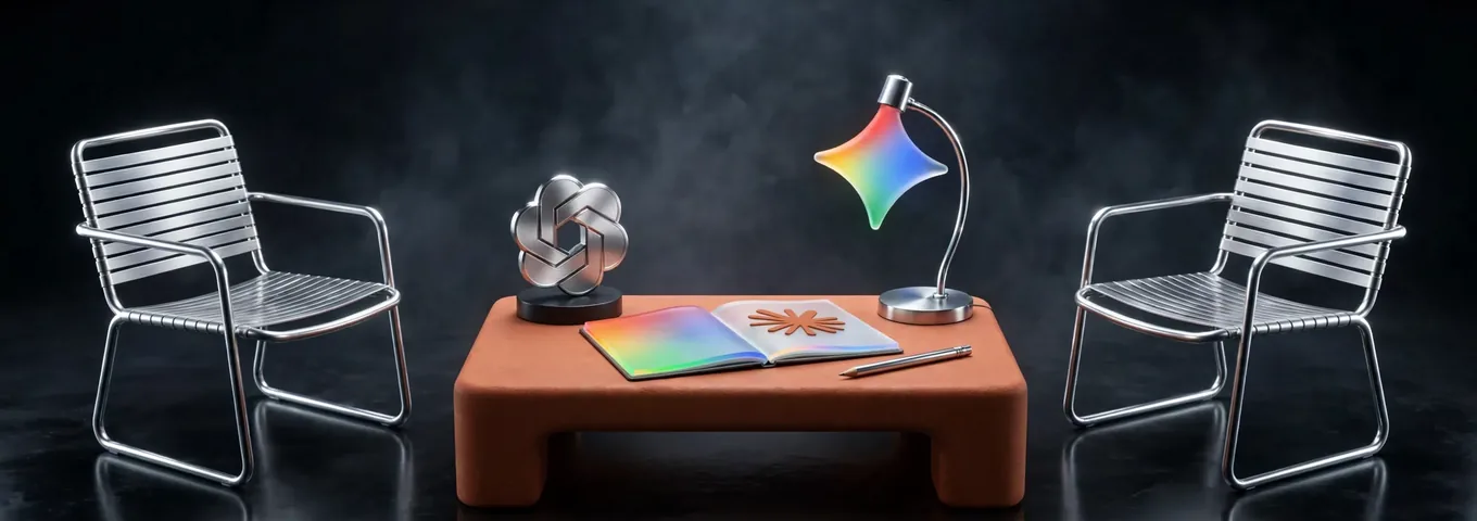 Two chrome chairs facing a low terracotta desk that holds an open rainbow glass notebook with the Claude mark, a pencil, a chrome OpenAI knot on a black base and a desk lamp whose shade is the Gemini star, in a charcoal studio under rim light.