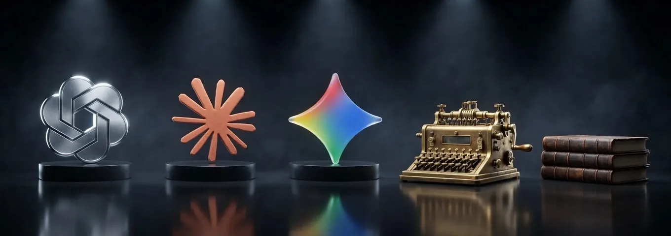The OpenAI, Claude and Gemini marks on black plinths beside a brass adding machine and a stack of ledger books