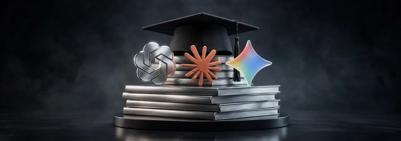 The OpenAI, Claude and Gemini logos on a stack of steel books topped with a graduation cap