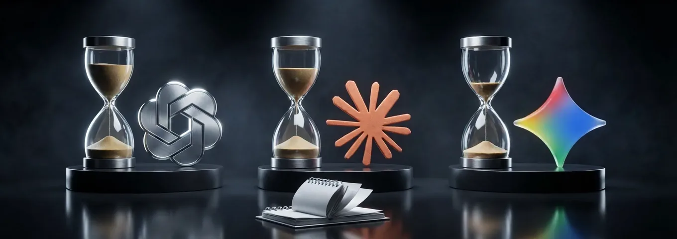 Three glass hourglasses on black plinths in a dark studio, each with the sand stopped at a different level, beside a silver OpenAI knot, a terracotta Claude starburst and a rainbow glass Gemini star, with a flip calendar on the floor.