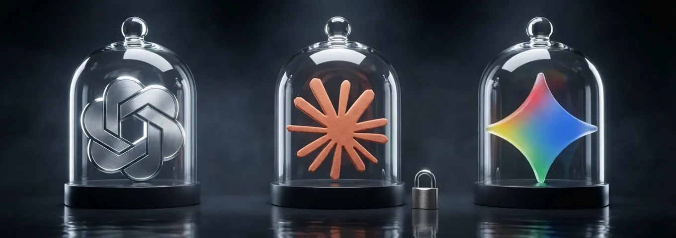 The OpenAI, Claude and Gemini logos under three glass bell jars, with a small steel padlock between two of them