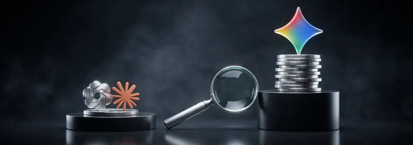 A tall stack of silver coins under a rainbow glass Gemini star on a high black plinth, a magnifying glass, and a single coin holding the OpenAI knot and Claude starburst on a low plinth