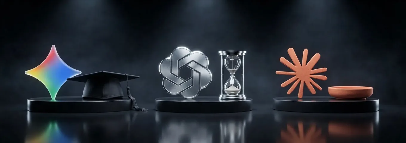 Three black plinths: a Gemini star beside a graduation cap, a chrome OpenAI knot beside a small hourglass, and a terracotta Claude starburst beside an empty terracotta dish.
