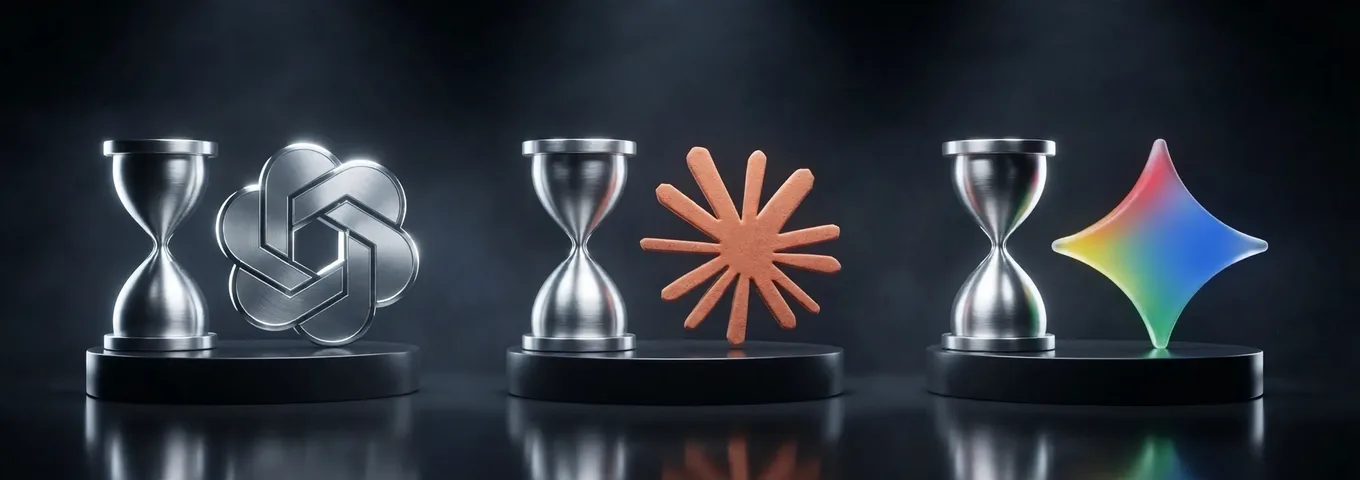 A row of black plinths each holding an unmarked chrome hourglass, beside a silver OpenAI knot, a terracotta Claude starburst and a rainbow glass Gemini star, in a charcoal studio.