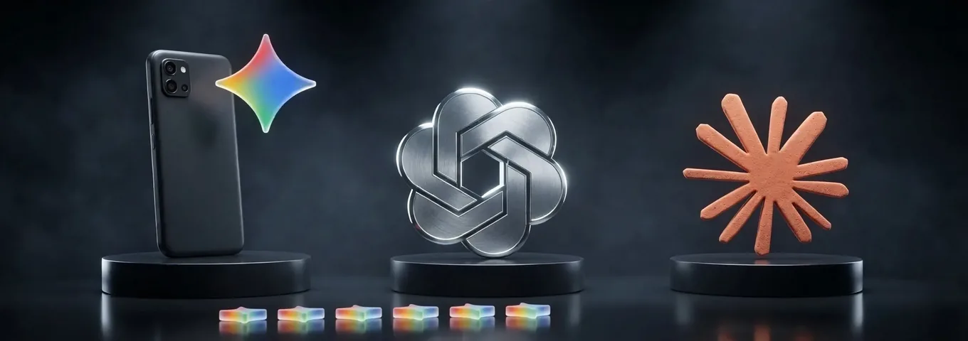 Three black plinths in a charcoal studio: a matte black Android phone with a rainbow glass Gemini star beside it on the first, a brushed silver OpenAI knot on the second and a terracotta Claude starburst on the third, with a row of small glass star tokens in front.