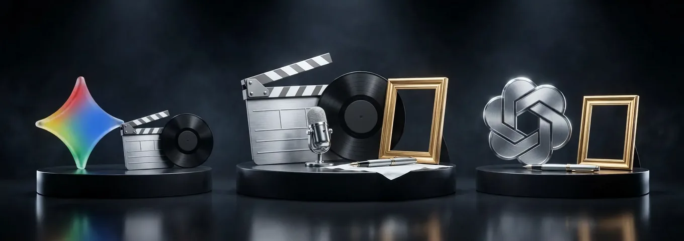 A central black plinth holding a silver clapperboard, a chrome studio microphone, a vinyl record, an empty gold frame and a fountain pen, between a rainbow glass Gemini star with a clapperboard and record on the left and a silver OpenAI knot with only a pen and a frame on the right, in a charcoal studio under white rim light.