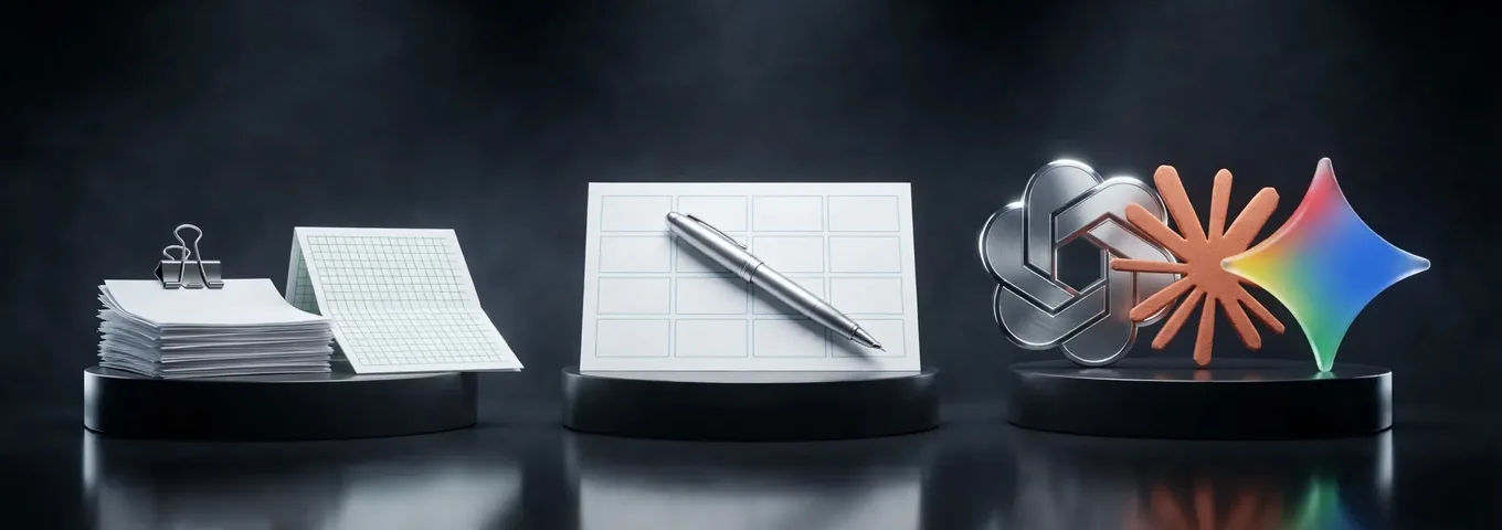Three black plinths in a charcoal studio: a clipped stack of white pages beside a folded green grid spreadsheet on the first, a paper form with empty ruled boxes and a silver pen on the second, and a brushed silver OpenAI knot, a terracotta Claude starburst and a rainbow glass Gemini star on the third.