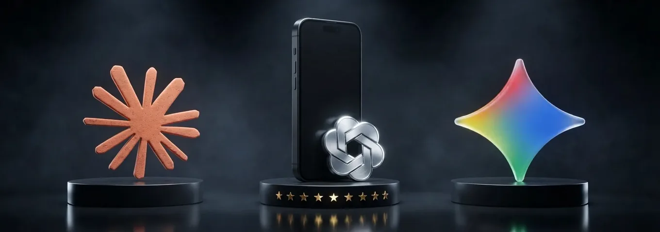 A black iPhone with a brushed silver OpenAI logo at its base on a central black plinth lined with small gold stars, between a terracotta Claude starburst and a rainbow glass Gemini star on two lower plinths, in a dark studio with white rim light.