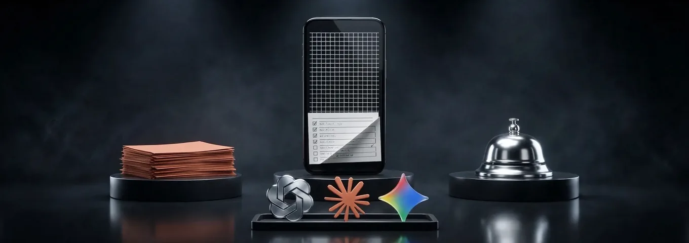 A black smartphone on a central charcoal plinth showing a spreadsheet grid and a paper form with ticked boxes, between a terracotta stack of invoice cards and a chrome service bell, with a silver OpenAI mark, a terracotta Claude starburst and a rainbow glass Gemini star on a tray in front, in a dark studio.