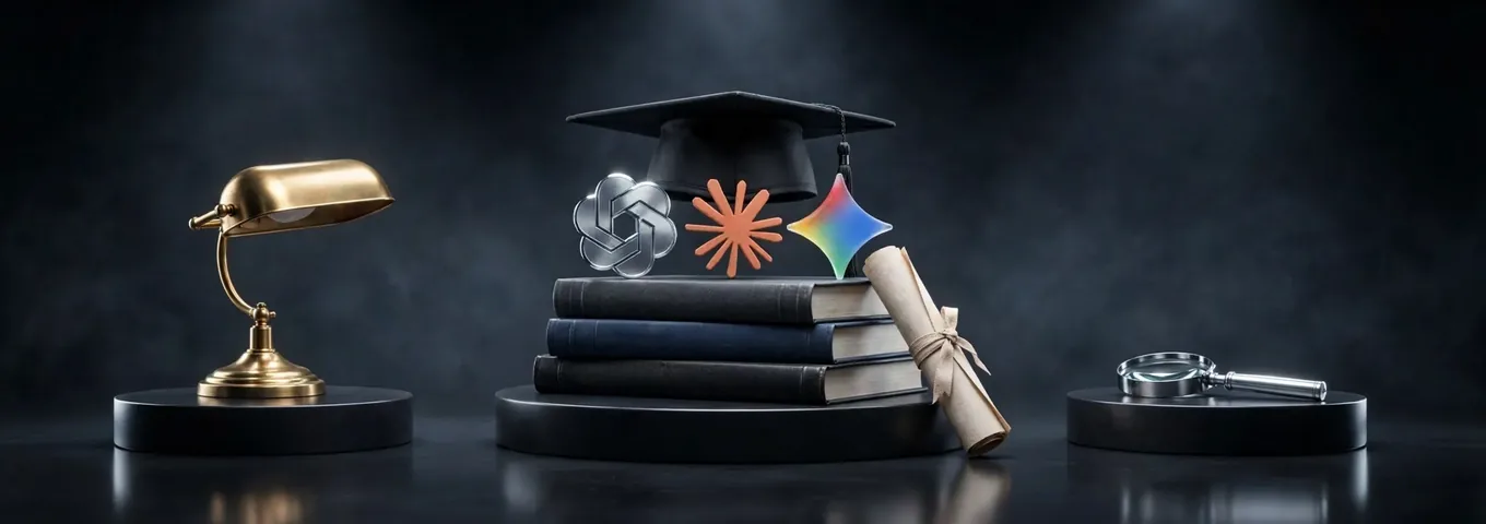 A black graduation cap on a stack of three hardcover books on a central black plinth, with a chrome OpenAI knot, a terracotta Claude starburst and a rainbow glass Gemini star side by side on the top book and a ribbon tied scroll leaning against it, between a brass desk lamp and a chrome magnifying glass on two lower plinths.
