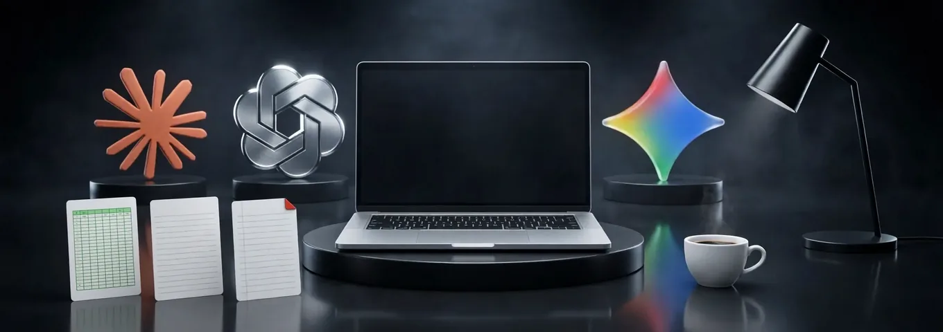 A silver laptop on a central black plinth between a terracotta Claude starburst, a brushed silver OpenAI knot and a rainbow glass Gemini star on smaller plinths, with paper cards showing a spreadsheet grid, a document and a PDF corner, a white coffee cup and a black desk lamp in a dark studio.