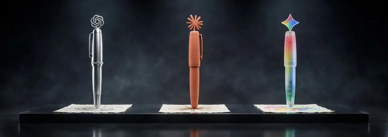 Three fountain pens standing on cream paper on a long black plinth: a brushed silver pen topped with the OpenAI knot, a terracotta pen topped with the Claude starburst and a rainbow glass pen topped with the Gemini star, each over its own ink scribble, in a dark studio with white rim light.