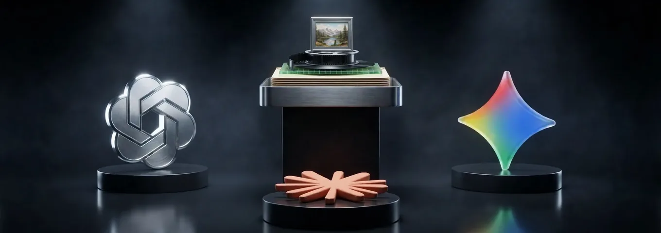 A brushed steel tray on a central black plinth holding a stack of paper, a green grid tile, a film reel and a small framed landscape, between a brushed silver OpenAI knot and a rainbow glass Gemini star on side plinths, with a terracotta Claude starburst at its base, in a dark studio with white rim light.