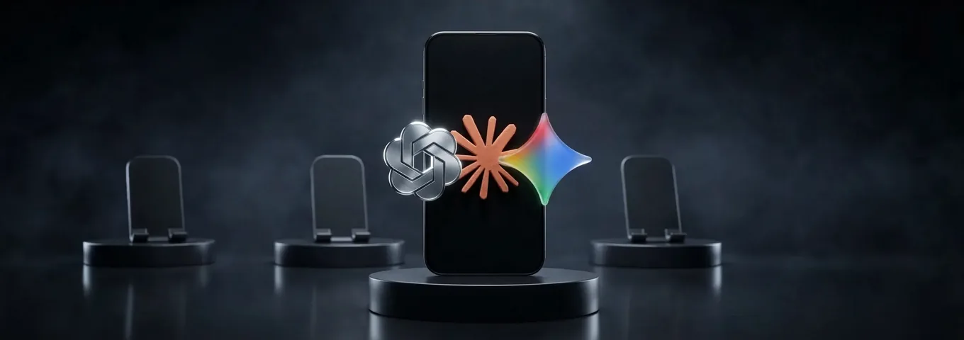 A black smartphone on a central black plinth with a brushed silver OpenAI knot, a terracotta Claude starburst and a rainbow glass Gemini star resting together on its screen, and three empty phone stands on lower plinths behind it in a dark studio.