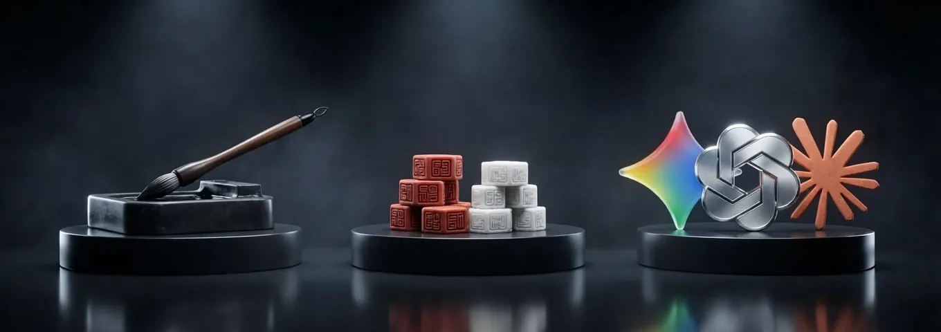 Three black plinths: an ink brush resting on a black inkstone, two small stacks of carved seals in red and white, and a rainbow glass Gemini star beside a silver OpenAI knot and a terracotta Claude starburst.