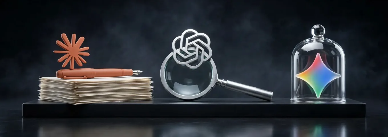 A stack of cream essay pages with a terracotta fountain pen topped with the Claude starburst, a silver magnifying glass topped with the OpenAI knot, and a rainbow glass Gemini star under a glass bell jar, on a long black plinth in a dark studio