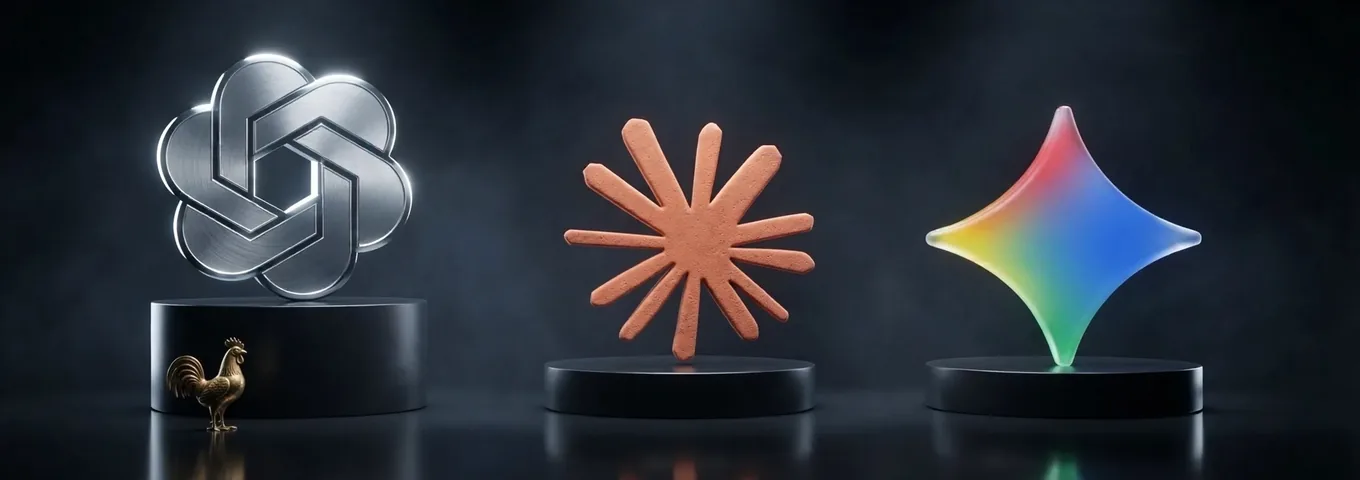 A silver OpenAI knot, a terracotta Claude starburst and a rainbow glass Gemini star on three black plinths, with a small brass rooster at the base of the tallest.