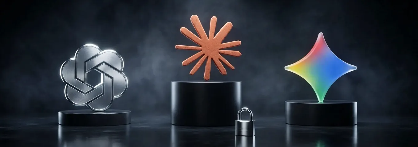 Three black plinths of different heights holding a silver knot sculpture, a terracotta starburst and a rainbow glass star, with a closed chrome padlock at the base.