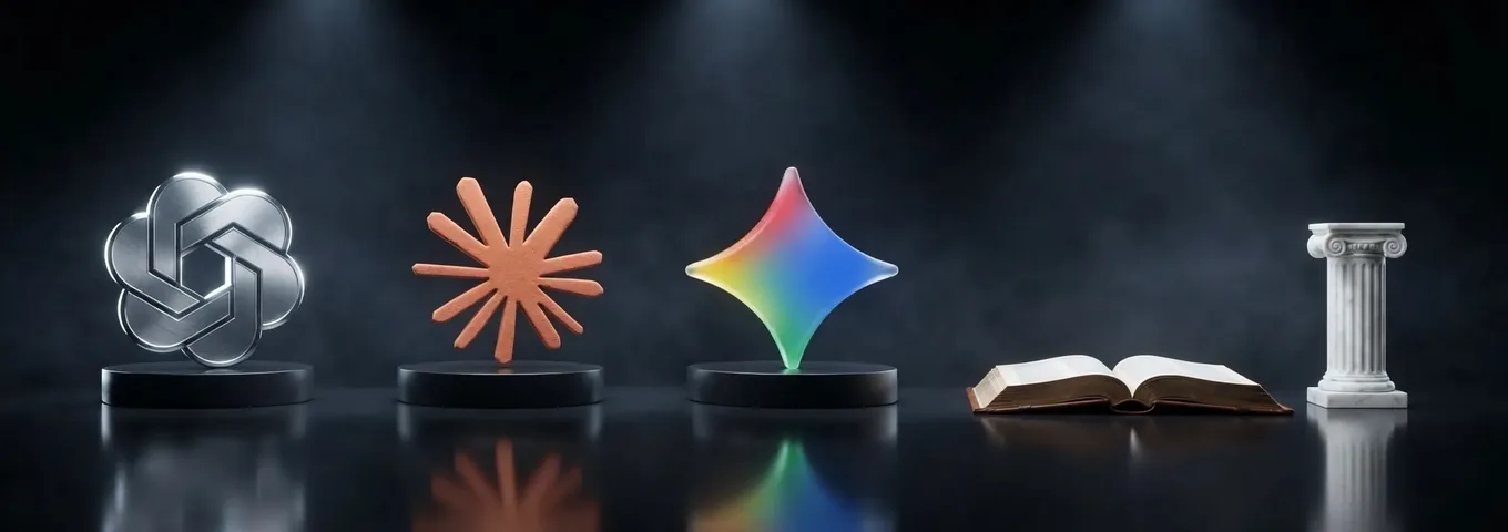 A silver OpenAI knot, a terracotta Claude starburst and a rainbow glass Gemini star on three low black plinths, beside an open leather bound dictionary and a small white marble column.