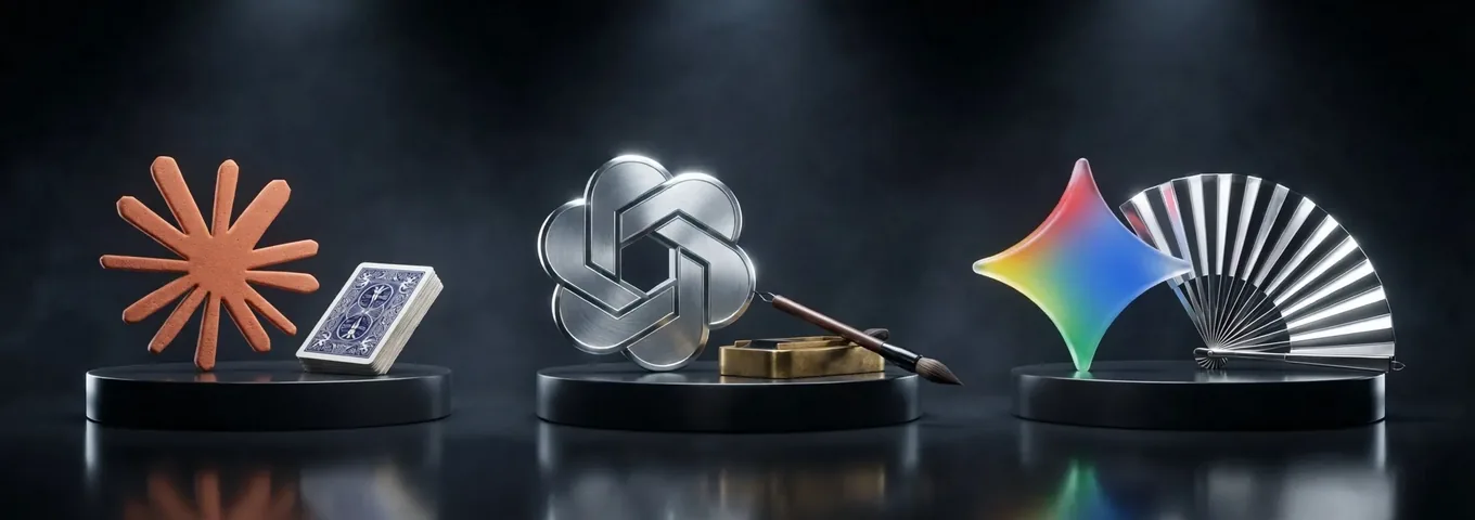 Three black plinths: a terracotta Claude starburst beside a small stack of cards, a silver OpenAI knot beside an inkstone and brush, and a rainbow glass Gemini star beside a folding fan.