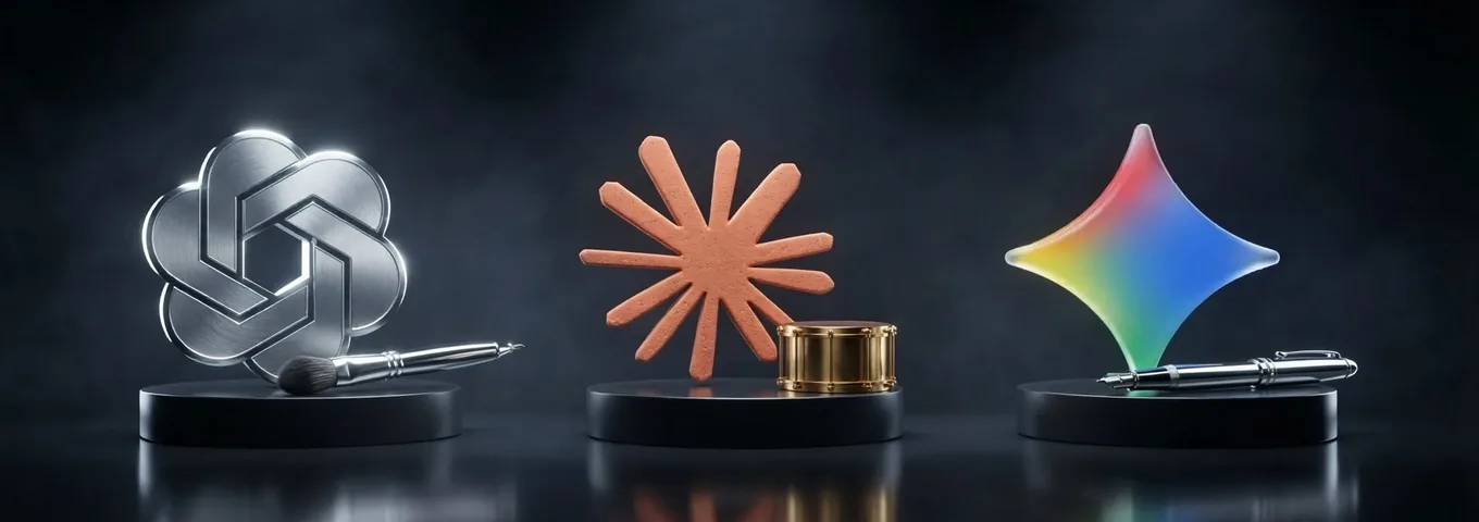 Three black plinths: a chrome OpenAI knot beside a calligraphy brush, a terracotta Claude starburst beside a small brass drum, and a rainbow glass Gemini star beside a fountain pen.