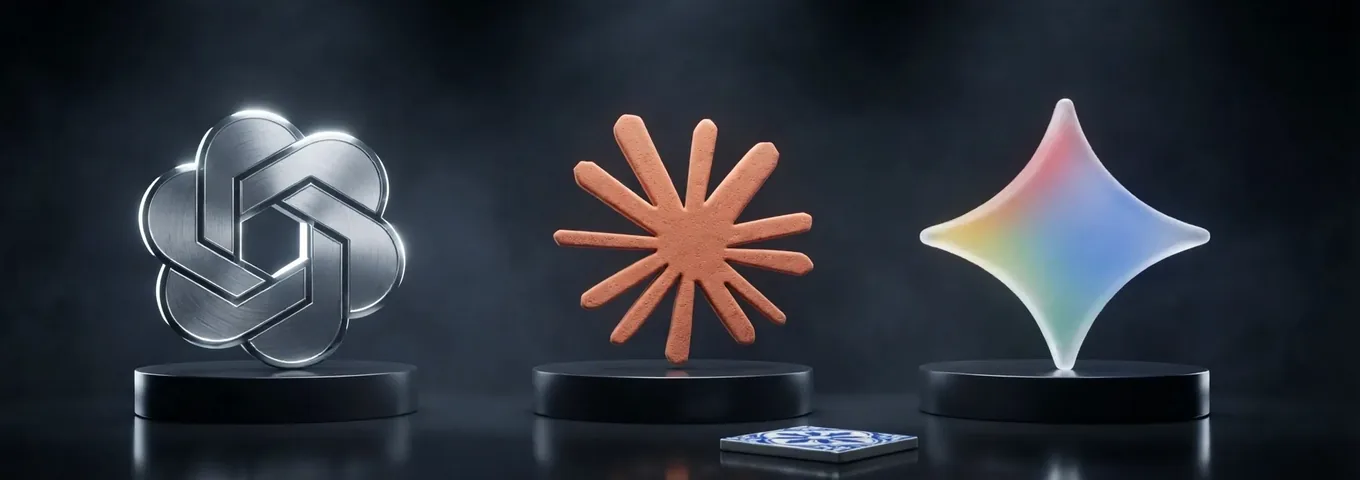 A silver OpenAI knot, a terracotta Claude starburst and a rainbow glass Gemini star on three black plinths of equal height, with a small blue and white tile at their base.