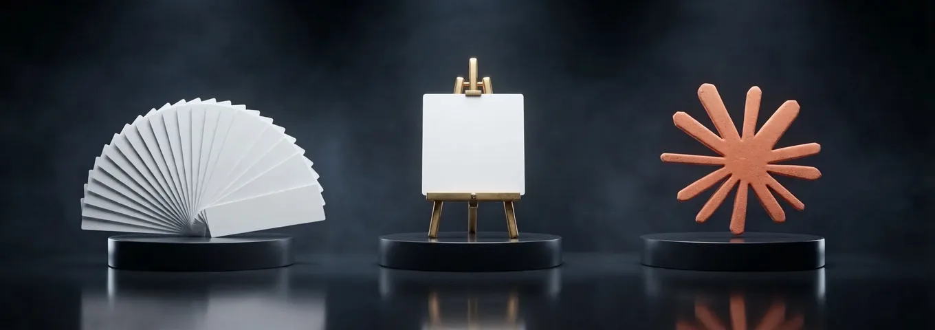 Three black plinths in a charcoal studio: a fan of blank white slide cards, a small brass easel holding one blank card, and a terracotta Claude starburst, under white rim light.
