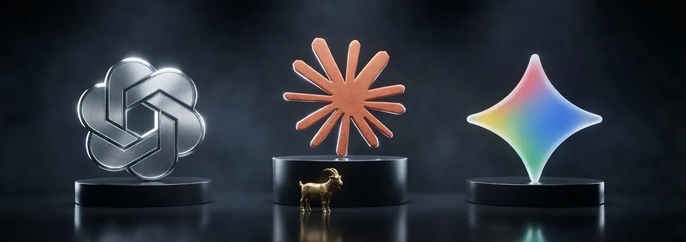 A silver OpenAI knot, a terracotta Claude starburst and a rainbow glass Gemini star on three black plinths, with a small brass goat at the base of the tallest.