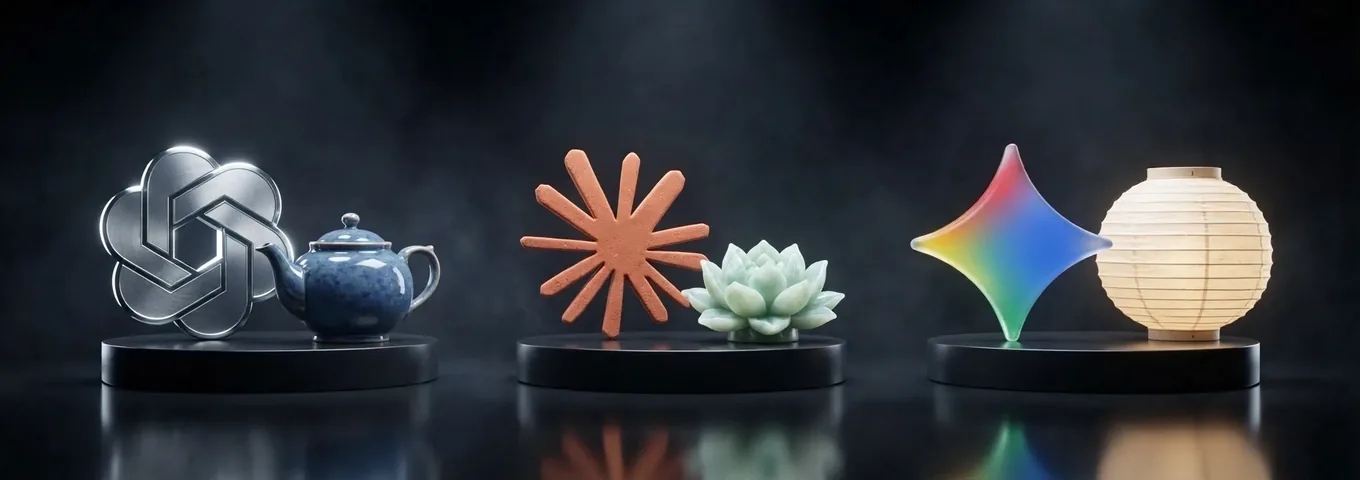 Three black plinths in a charcoal studio: a chrome OpenAI knot beside a blue glazed porcelain teapot, a terracotta Claude starburst beside a pale jade lotus flower, and a rainbow glass Gemini star beside a round paper lantern.