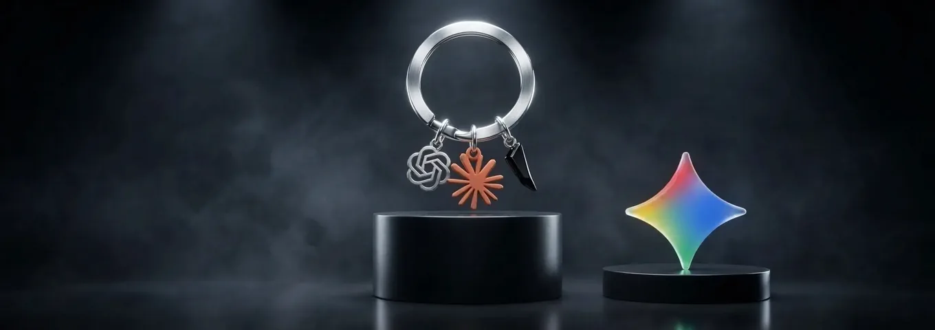 A brushed silver key ring on a black plinth holding three charms, a silver OpenAI knot, a terracotta Claude starburst and a black obsidian slash, with a rainbow glass Gemini star on a lower plinth beside it, in a dark studio with white rim light.