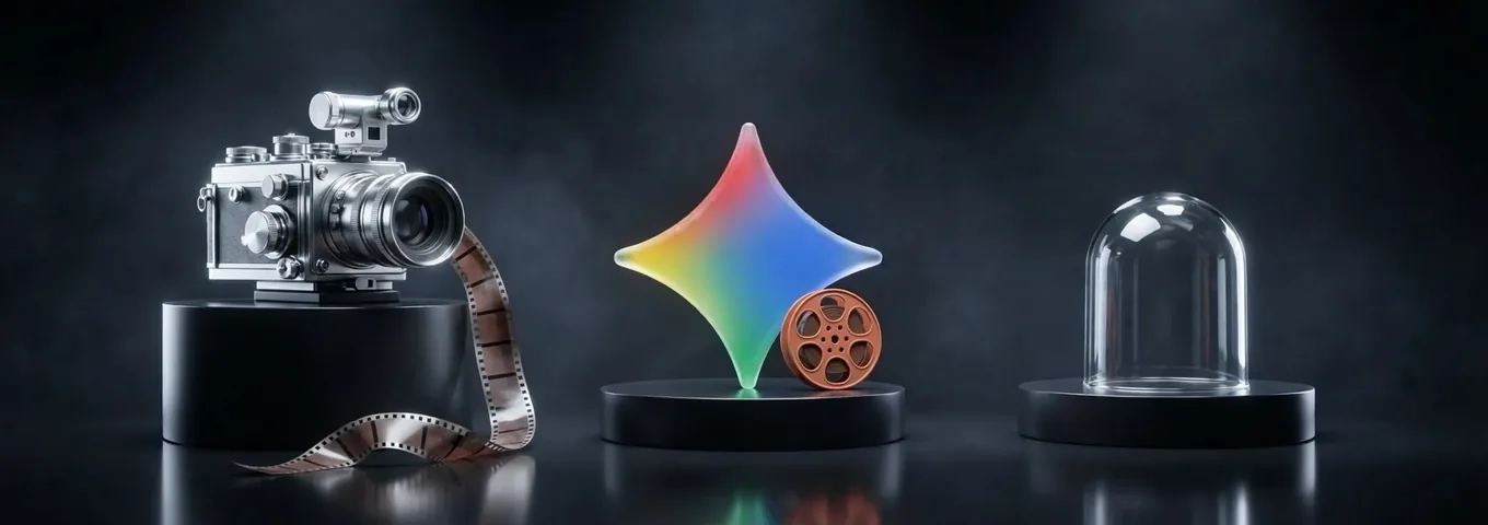 Three black plinths in a charcoal studio: a chrome film camera trailing a long strip of film, a rainbow glass Gemini star beside a short film reel, and an empty glass dome.