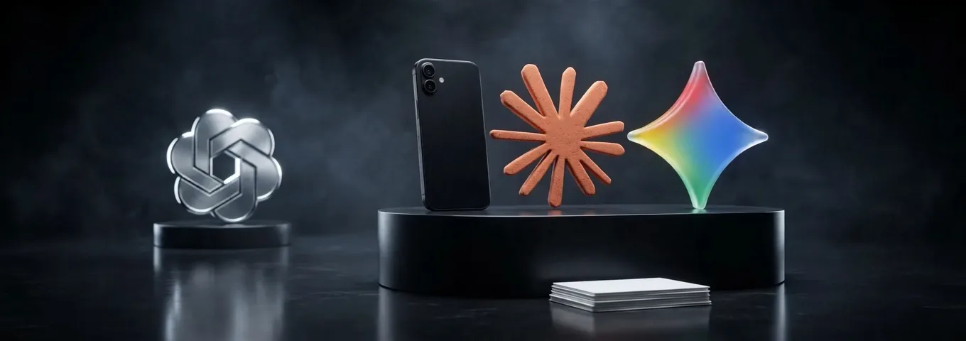 A brushed silver OpenAI knot on a low black plinth set apart on the left, and on a wide black plinth to the right a black smartphone beside a terracotta Claude starburst and a rainbow glass Gemini star, with a neat stack of white cards in front, in a dark studio with white rim light.