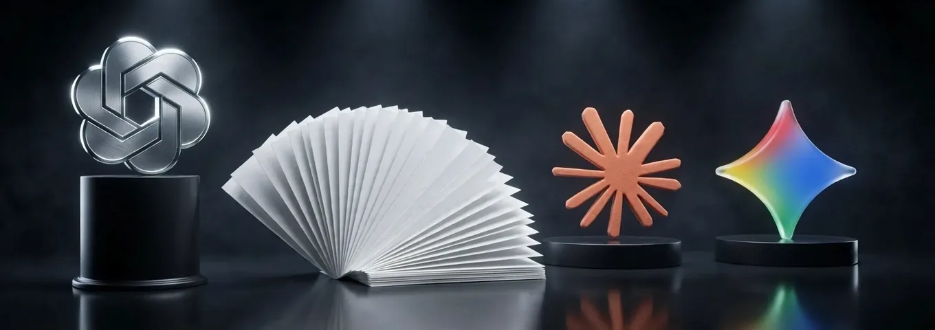 A brushed silver OpenAI knot on a black plinth, a fanned stack of blank white sheets like a slide deck beside it, then a terracotta Claude starburst and a rainbow glass Gemini star on low black plinths, in a charcoal studio under white rim light.