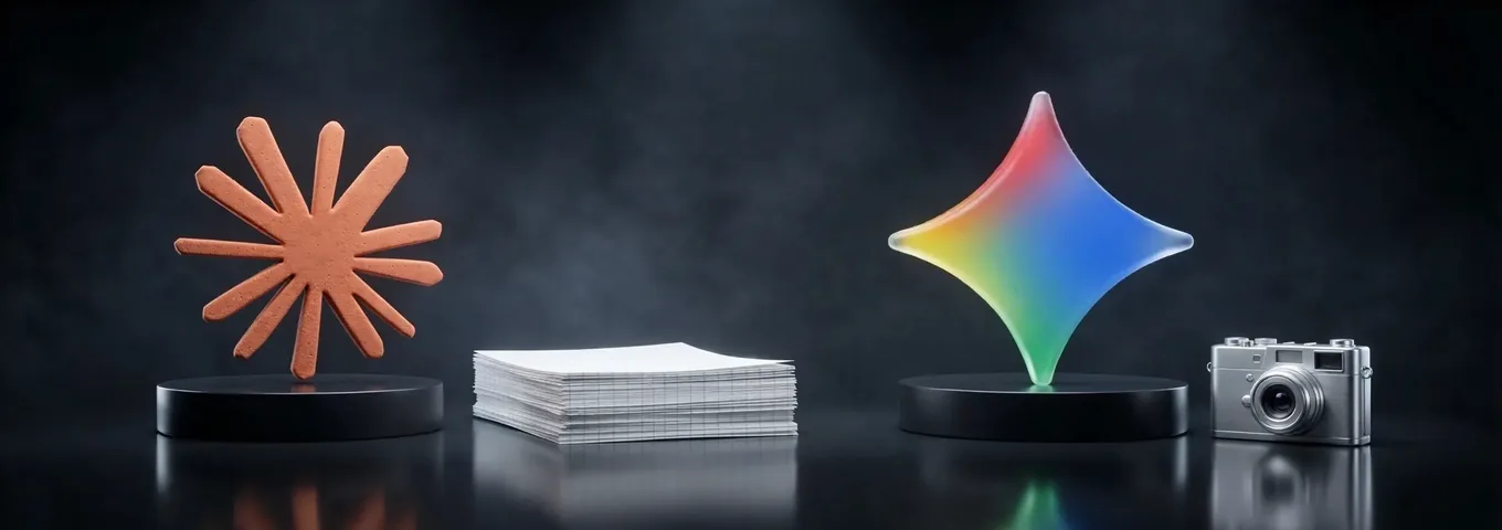 A terracotta Claude starburst on a black plinth beside a stack of graph paper, and a rainbow glass Gemini star on a second plinth beside a small silver camera