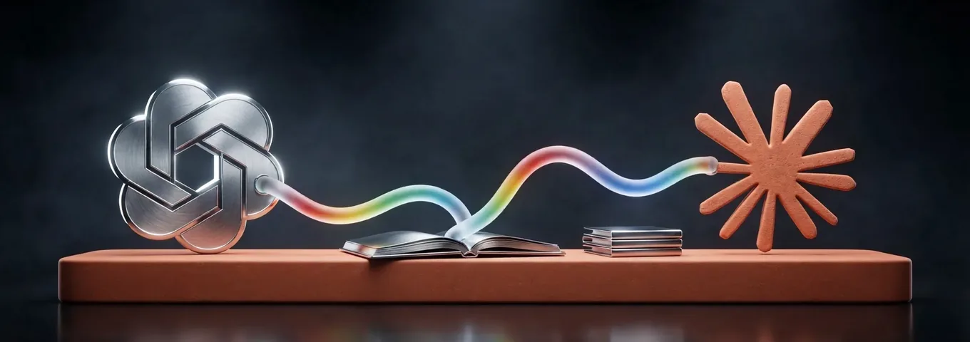 A chrome OpenAI logo sculpture and a terracotta Claude starburst sculpture on one wide terracotta plinth in a charcoal studio, joined by a single rainbow glass thread that runs through an open chrome notebook between them, with a small stack of chrome folders beside it.