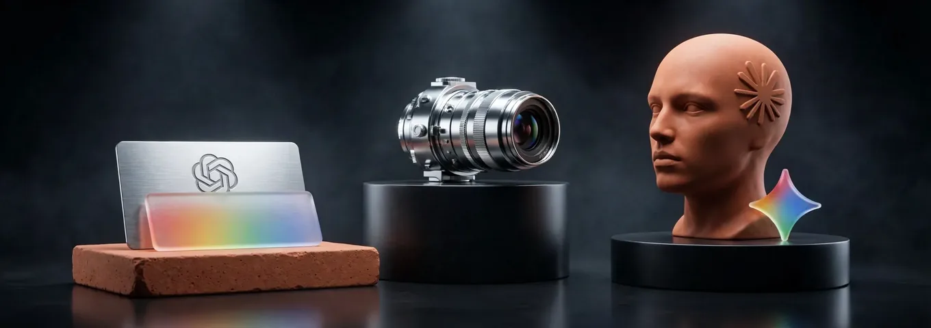 A chrome identity card on a low terracotta plinth, half covered by a rainbow glass tile, with a chrome camera lens on a taller plinth aimed at a terracotta sculpted head under warm rim light.