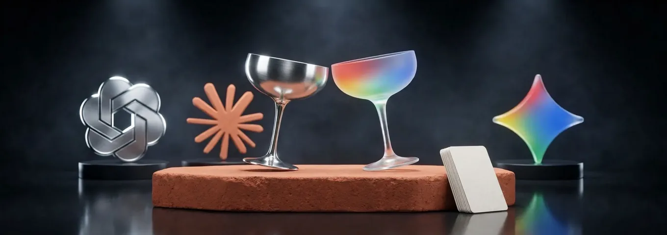 A chrome champagne coupe and a rainbow glass coupe tilted toward each other on a terracotta plinth, a stack of blank cue cards leaning on it, with the OpenAI, Claude and Gemini marks on plinths behind.