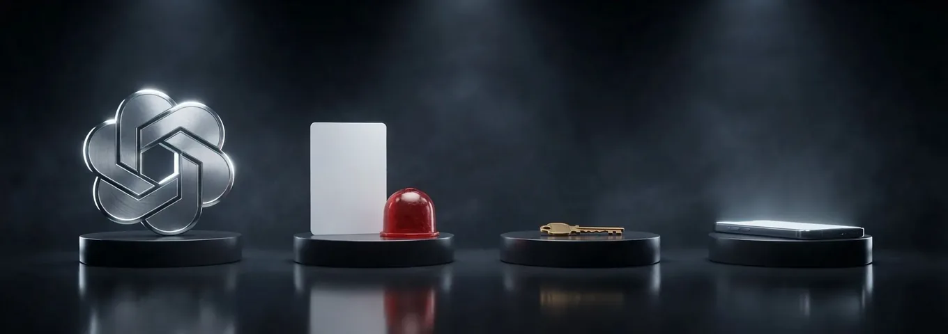 The brushed silver OpenAI knot, a blank card beside a red glass dome, a brass key and a phone on four black plinths