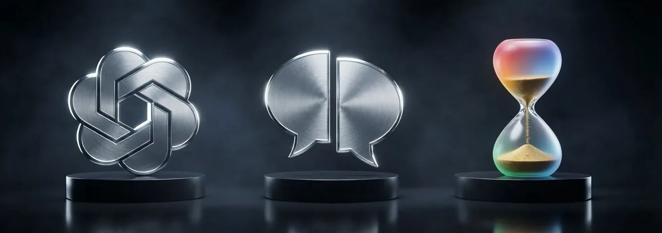 A silver OpenAI knot on a black plinth beside a chrome speech bubble split in two with a gap between the halves, and an hourglass of rainbow glass sand still running.