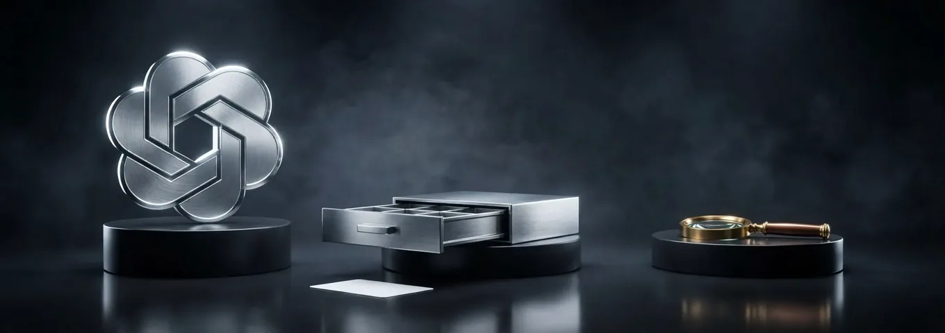A brushed silver OpenAI knot on a black plinth, an open chrome card index drawer with its slots empty and one blank white card on the floor in front of it, and a brass magnifying glass on a third plinth, in a charcoal studio with white rim light.