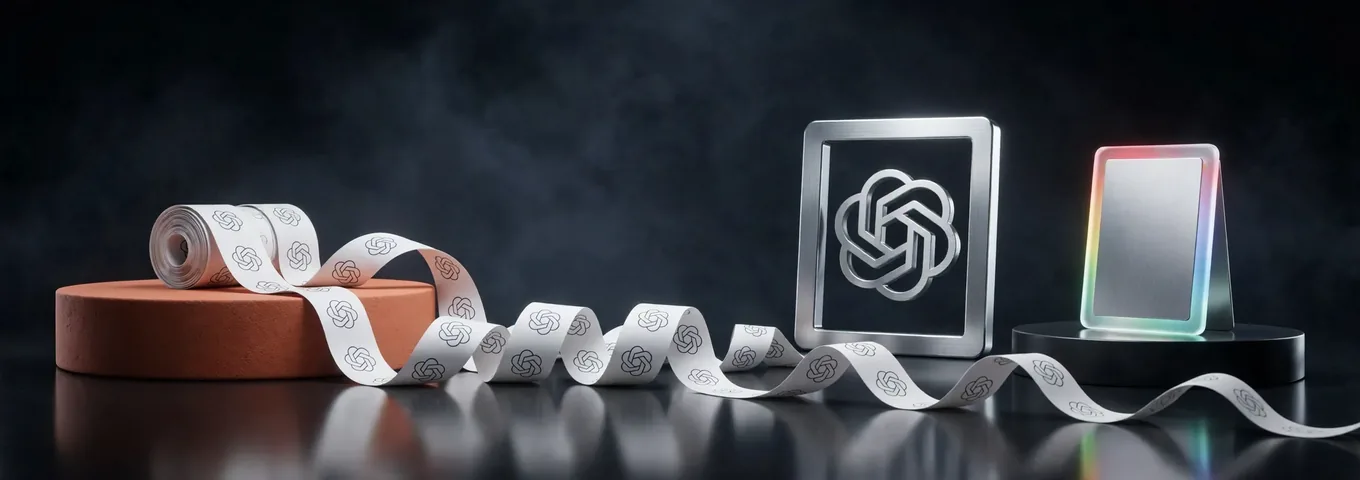 A long white paper ribbon printed with OpenAI marks unrolls from a terracotta plinth and winds across a charcoal studio floor past a chrome frame holding the OpenAI logo, toward a blank chrome card with a rainbow glass edge on a black plinth.