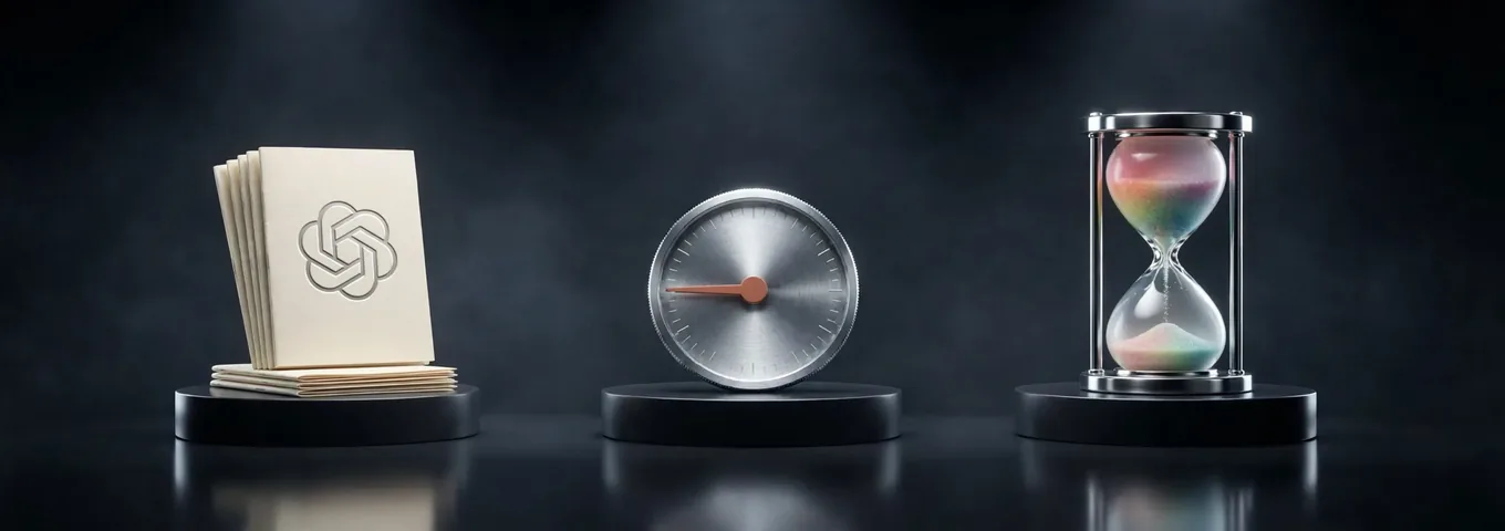 Three charcoal plinths in a dark studio: a fanned stack of cream report booklets embossed with the OpenAI logo, a brushed chrome dial with a terracotta needle resting near zero, and a chrome hourglass of rainbow glass sand.
